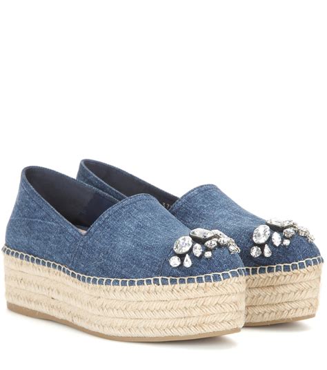 miu miu embellished denim platform espadrilles|Miu Miu Denim Embellished Platform Espadrille' In Multi.